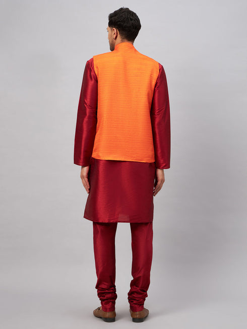 Vastramay Men's Orange Matka Silk Nehru Jacket With Maroon Silk Blend Kurta Pyjama Set